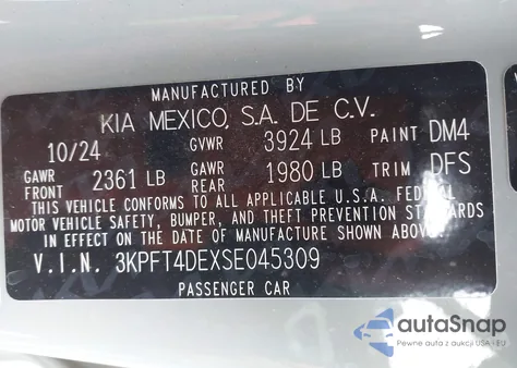 2025 Kia K4 Lxs z USA, uszkodzony, nr VIN 3KPFT4DEXSE045309
